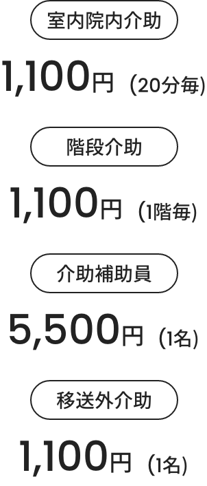 室内院内介助1,100円(20分毎)階段介助1,100円(1階毎)介助補助員5,500円(1名)移送外介助1,100円(20分毎)