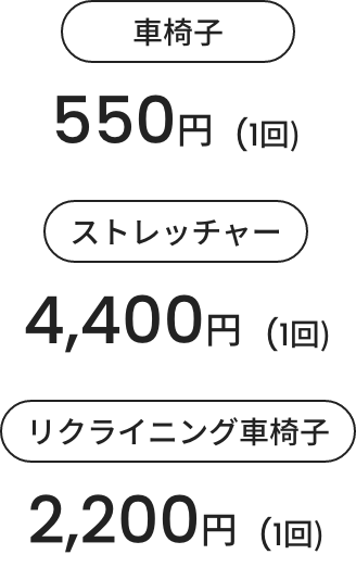 車椅子550円(1回)ストレッチャー4,400円(1回)リクライニング椅子2,200円(1回)