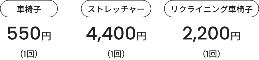 車椅子550円(1回)ストレッチャー4,400円(1回)リクライニング椅子2,200円(1回)